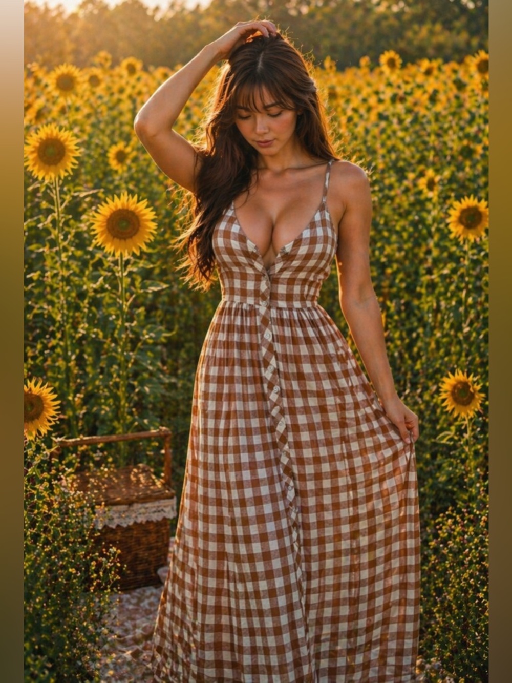 Storybook Picnic cottagecore gingham button front pocketed maxi dress